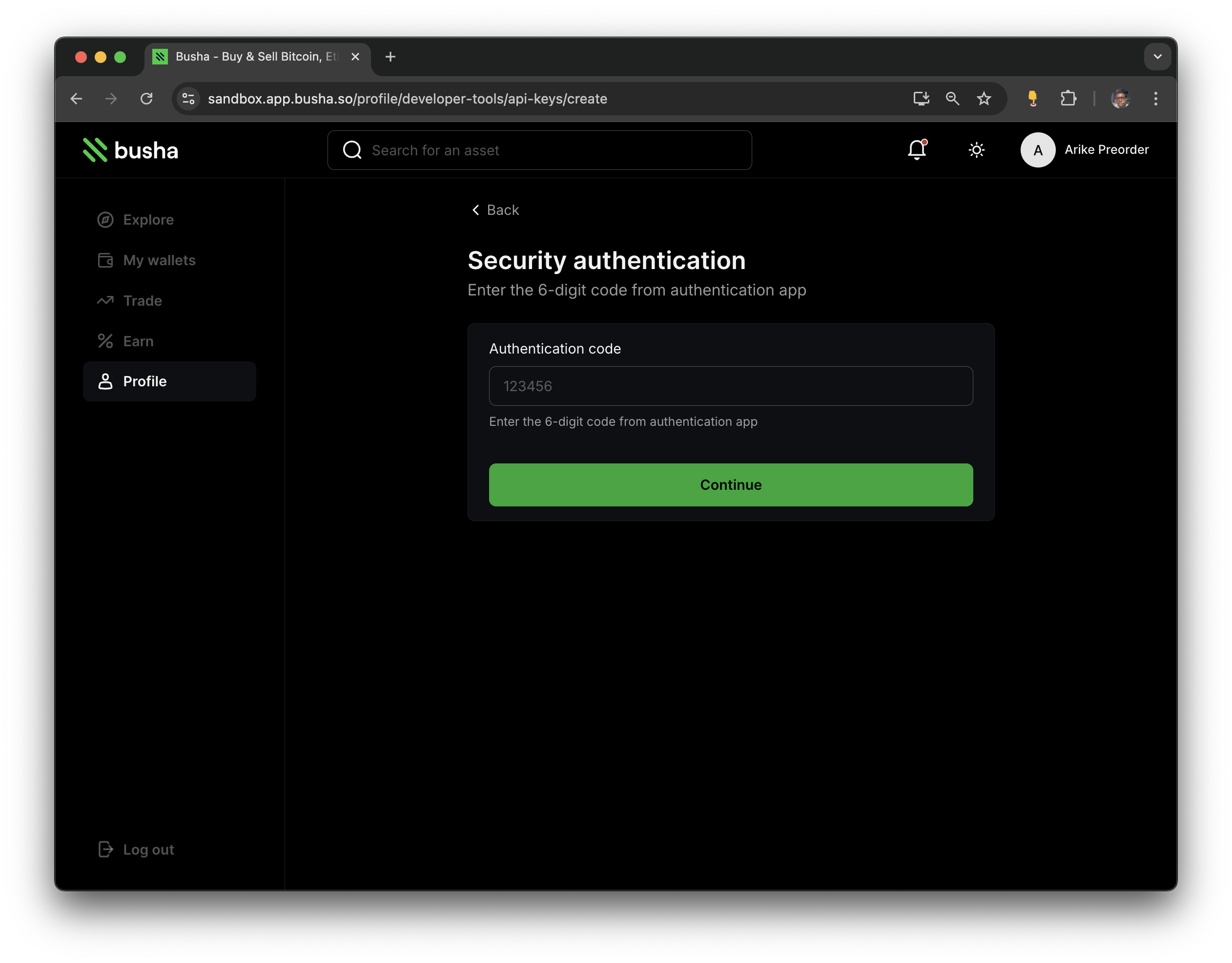 Security authentication page for token generation
