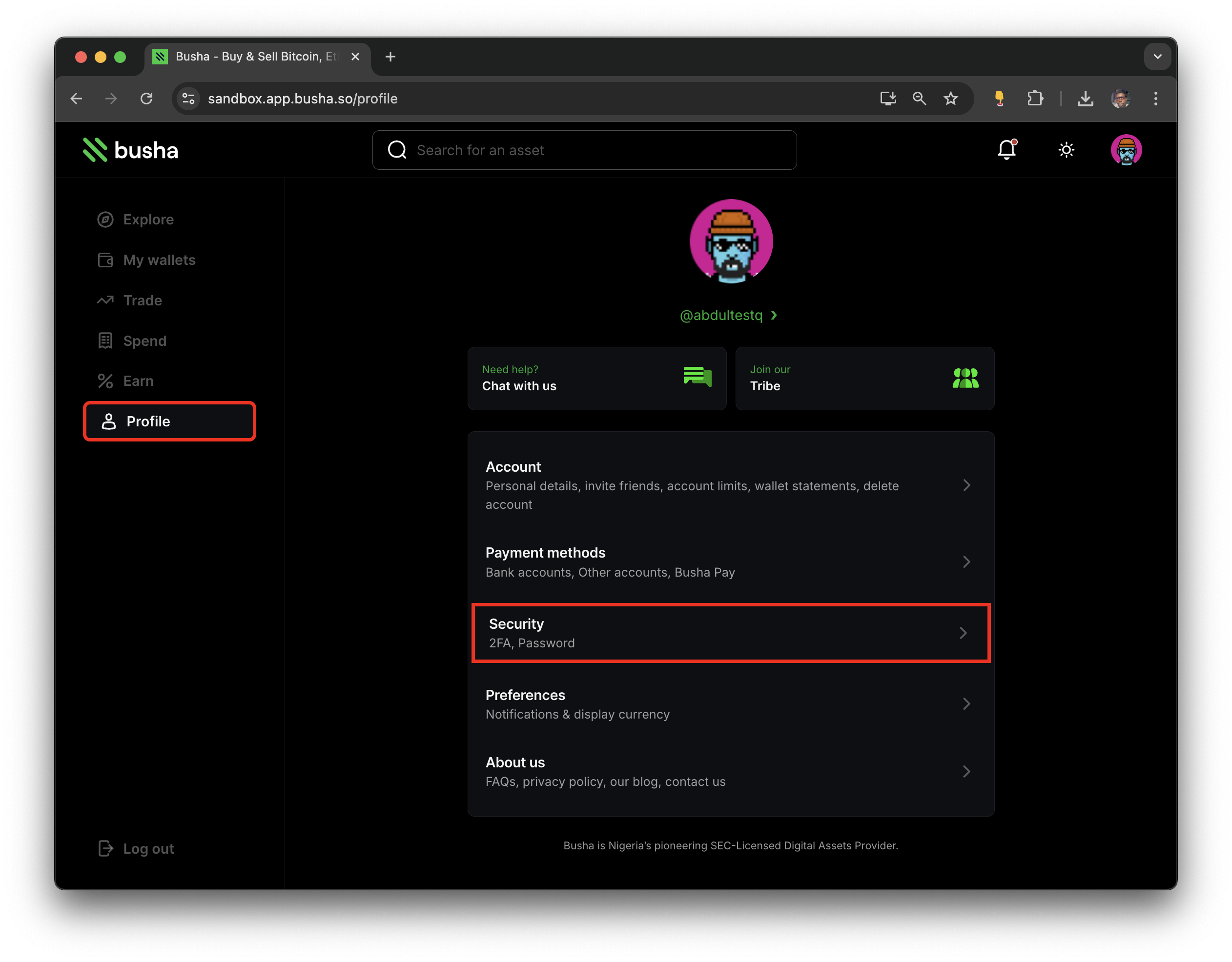 Profile page highlighted on the side bar. On the profile page, the Security page menu link is highlighted