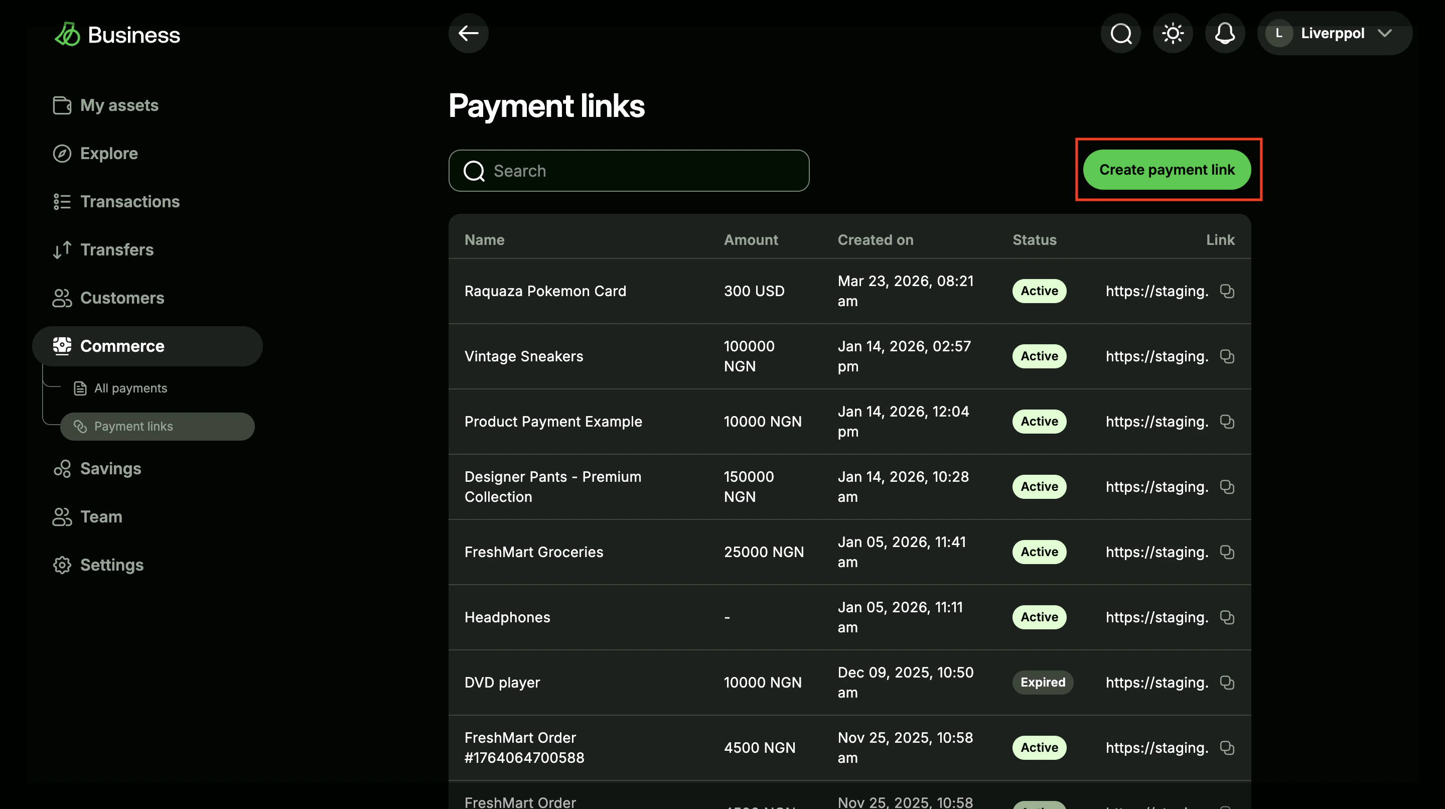 Payment links location in the Busha Business dashboard
