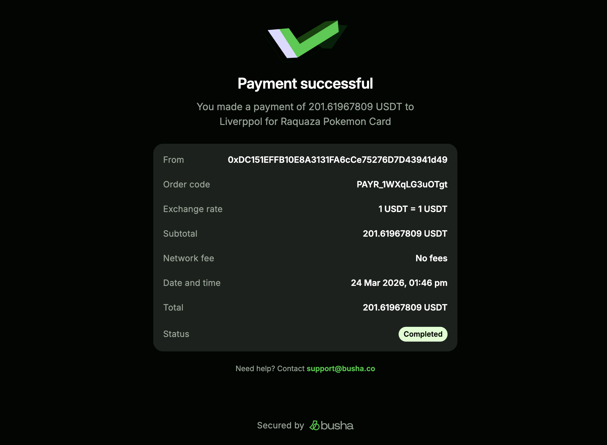 Payment confirmation screen