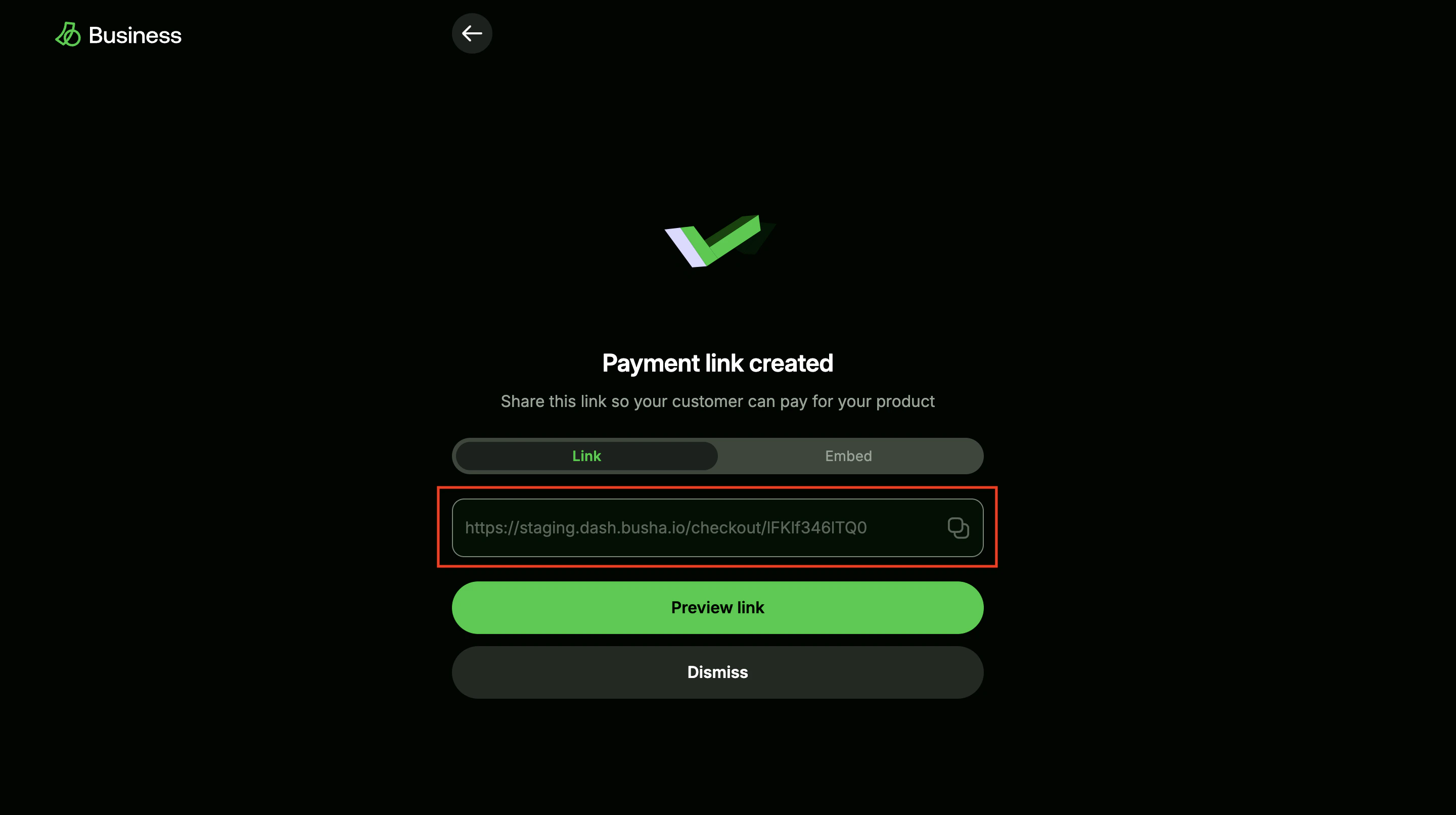 Payment link created with link copy action