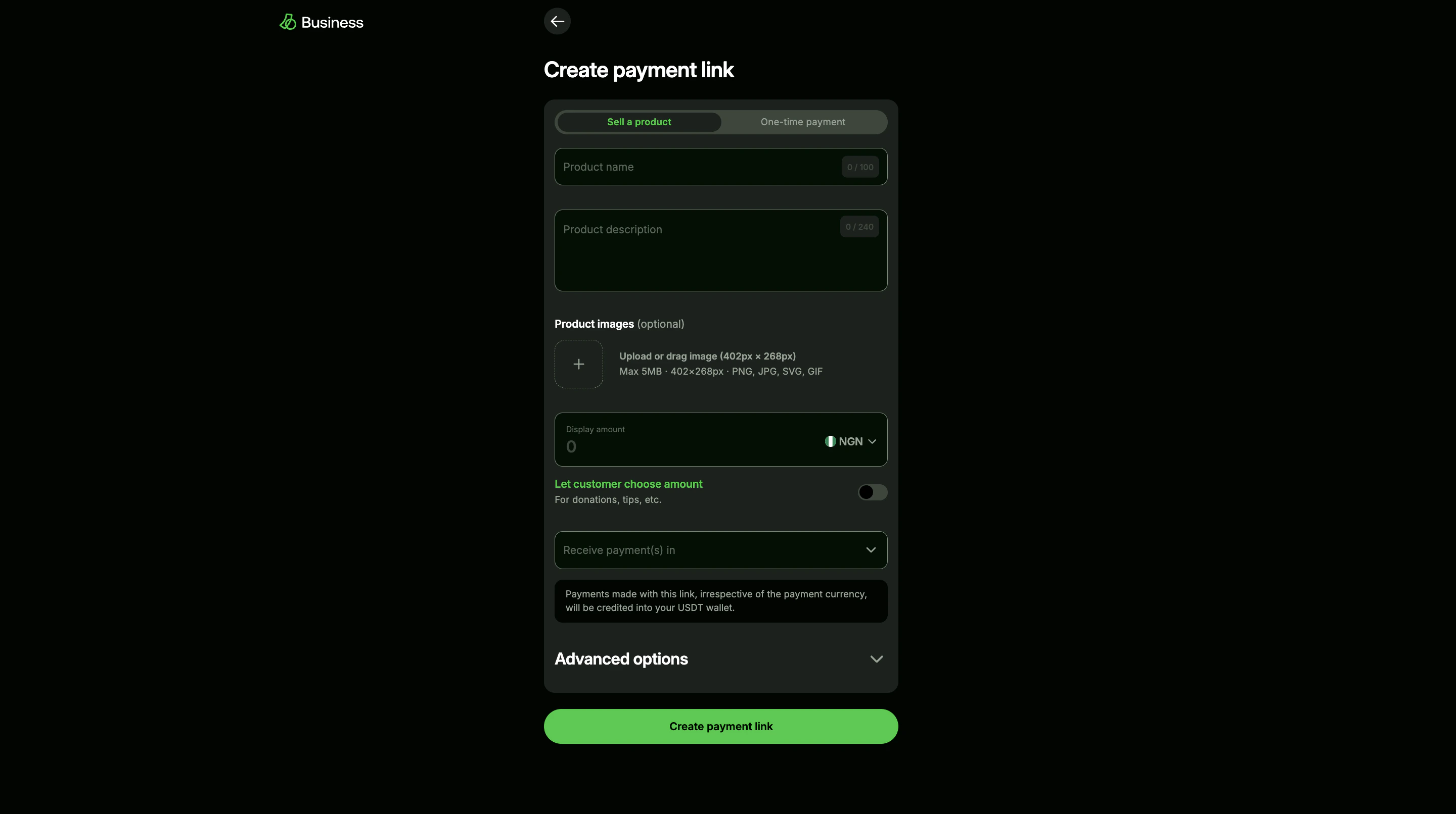 Payment link creation page