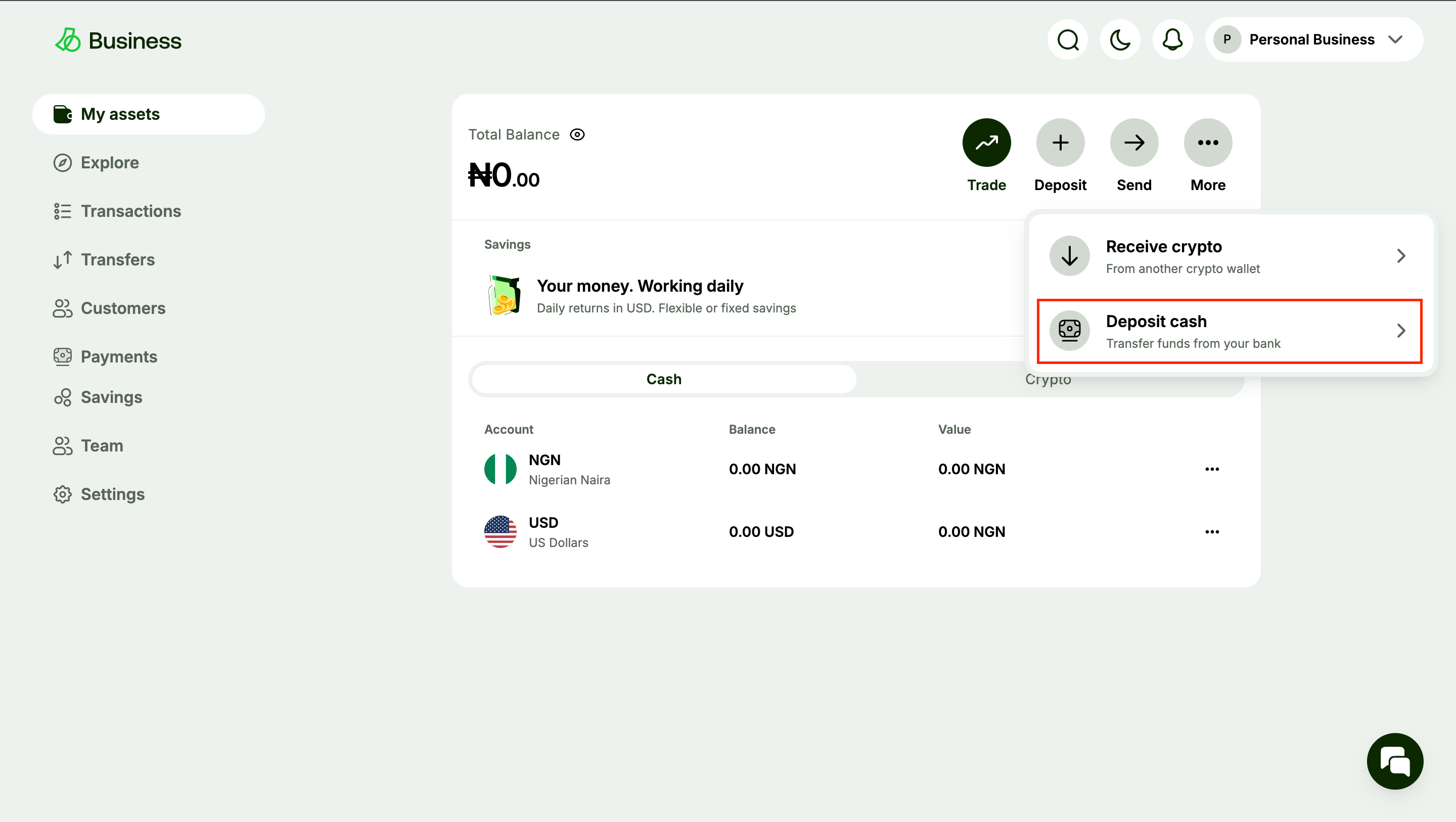 Deposit dropdown with Deposit cash highlighted