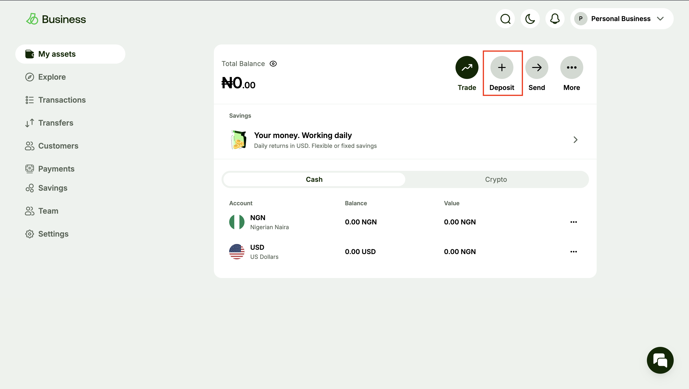Sandbox dashboard with the deposit icon highlighted