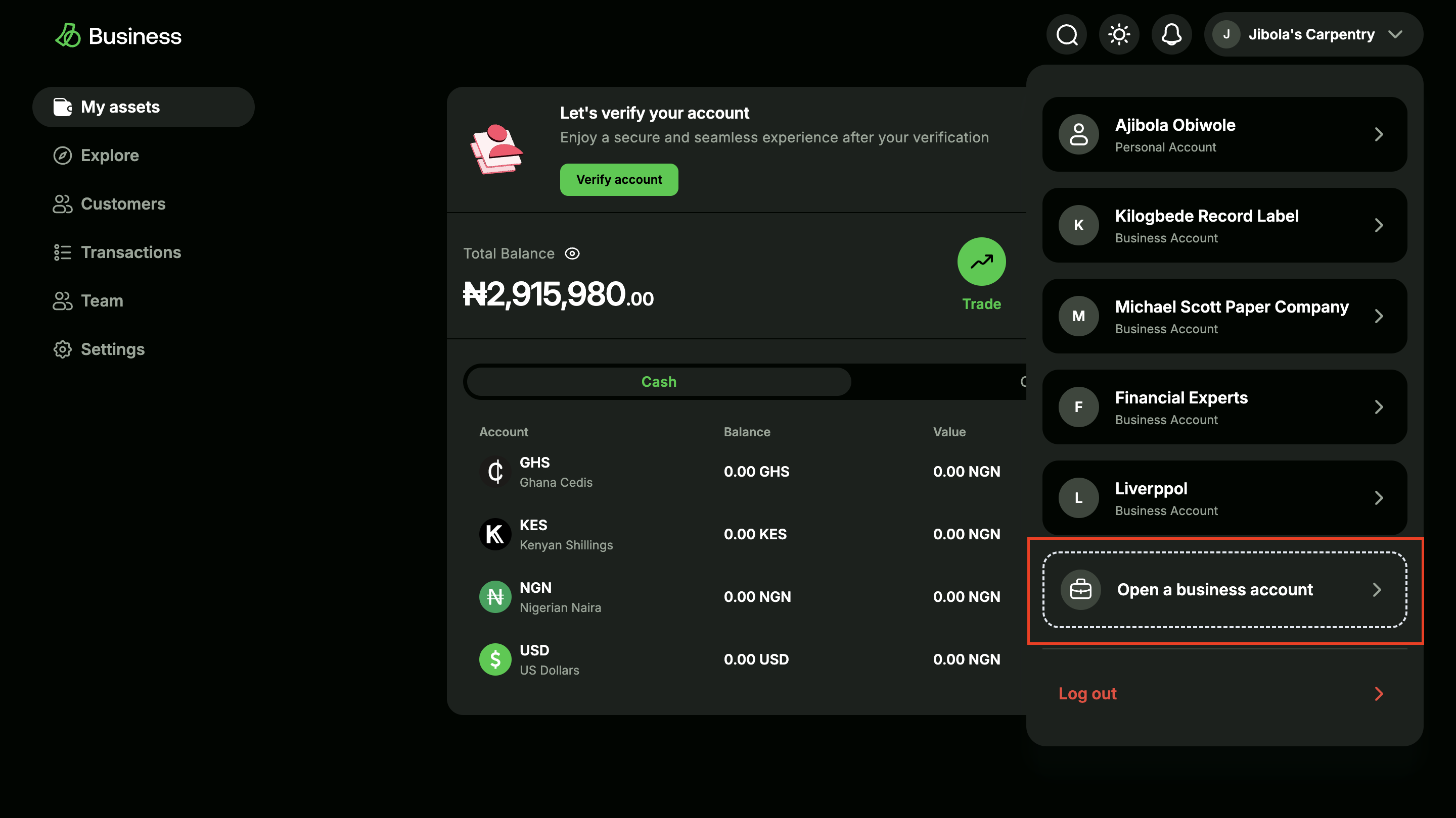 Open a business account highlighted in the avatar dropdown menu