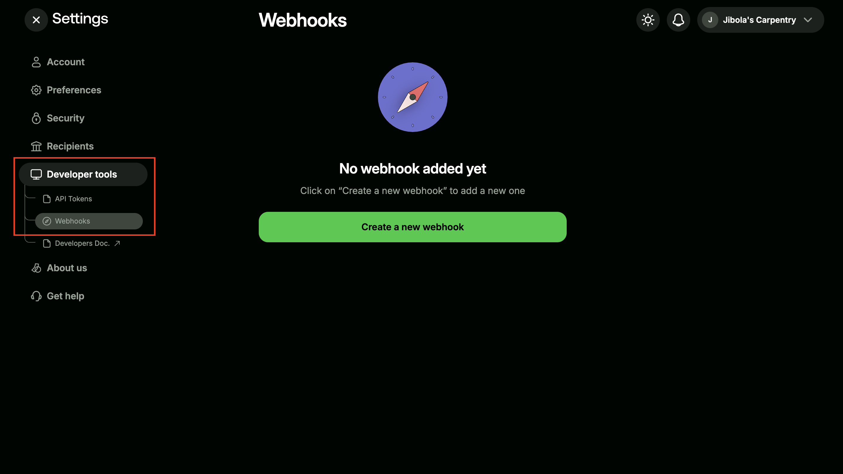 Profile > Developer tools > Webhooks