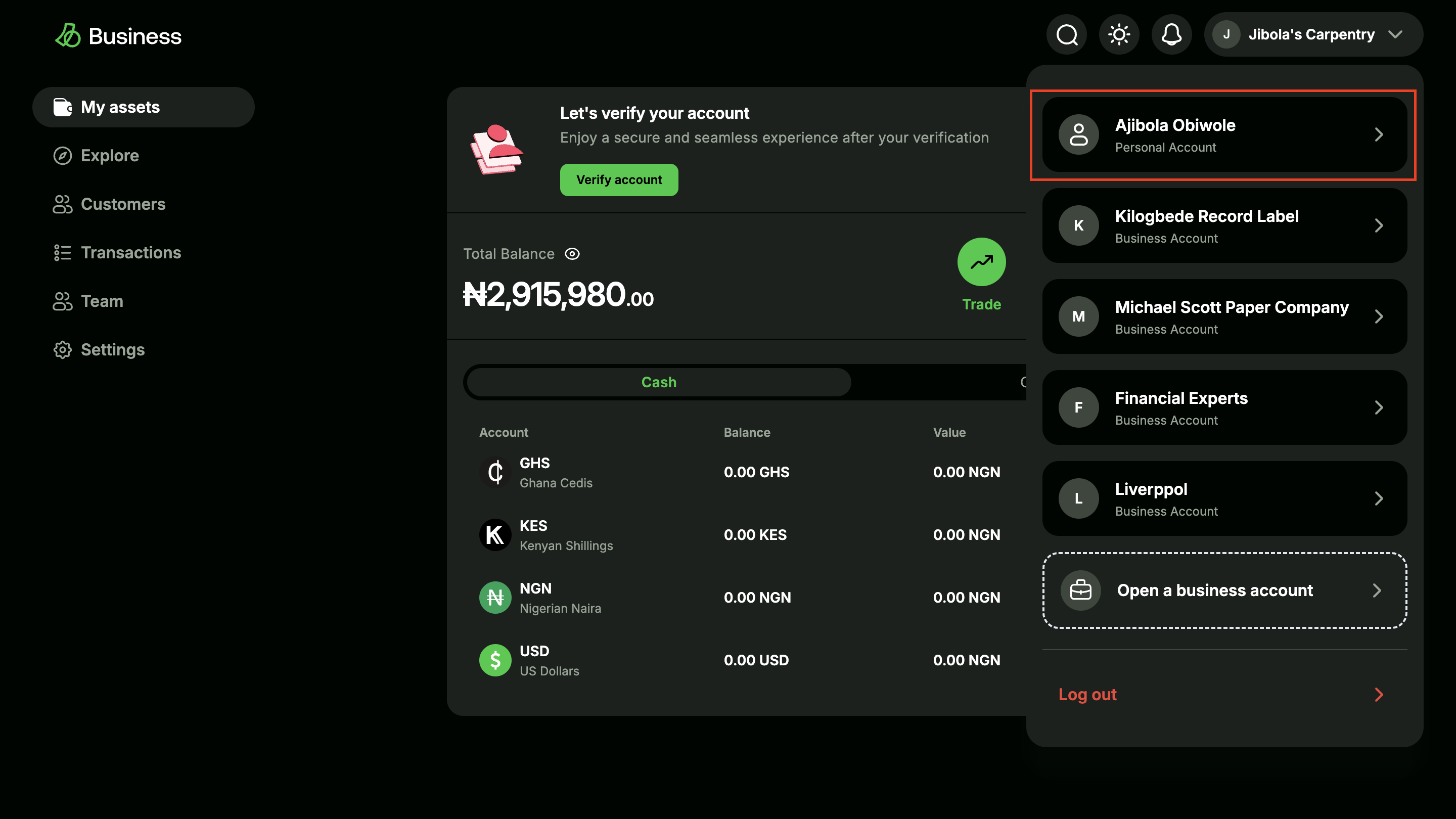Business dashboard with a focus on Personal account