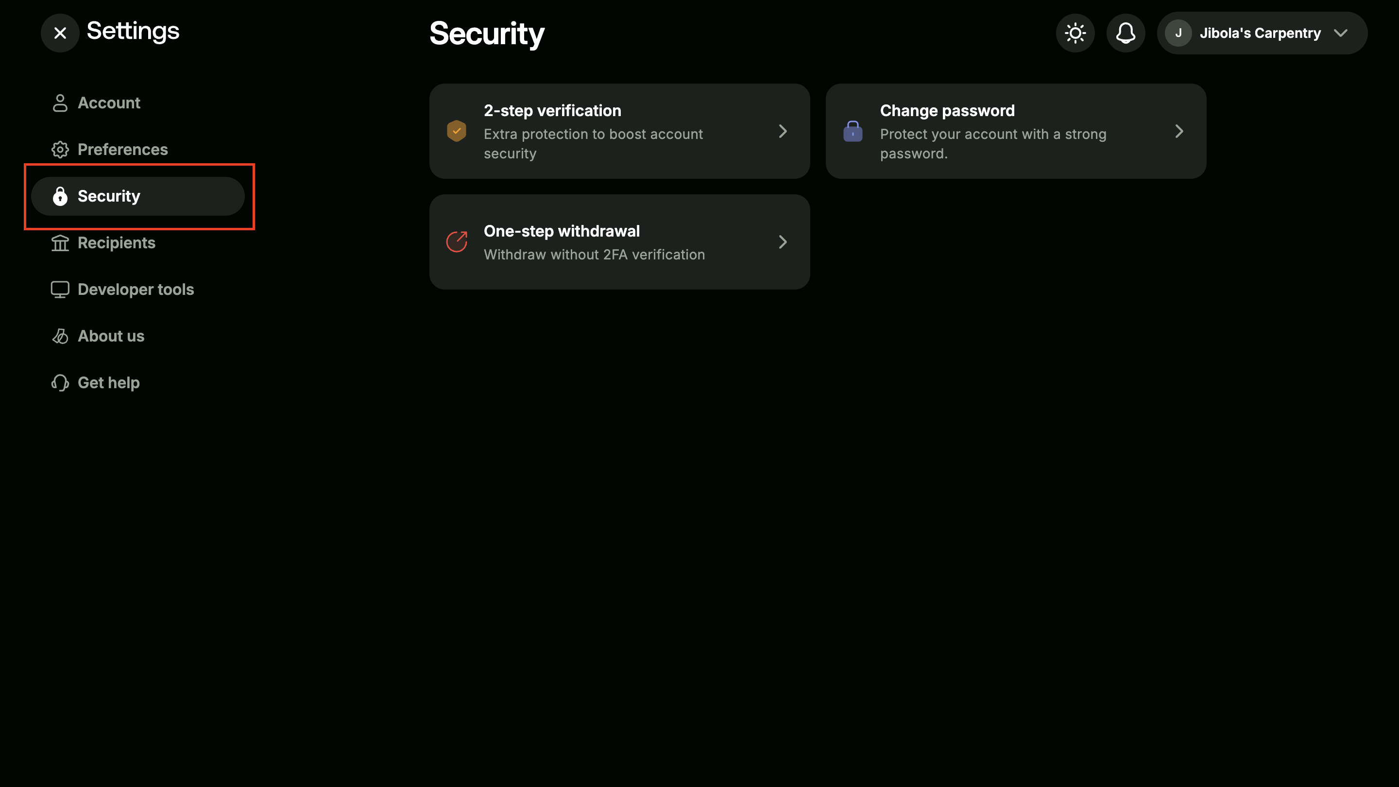 Security page with security tab highlighted
