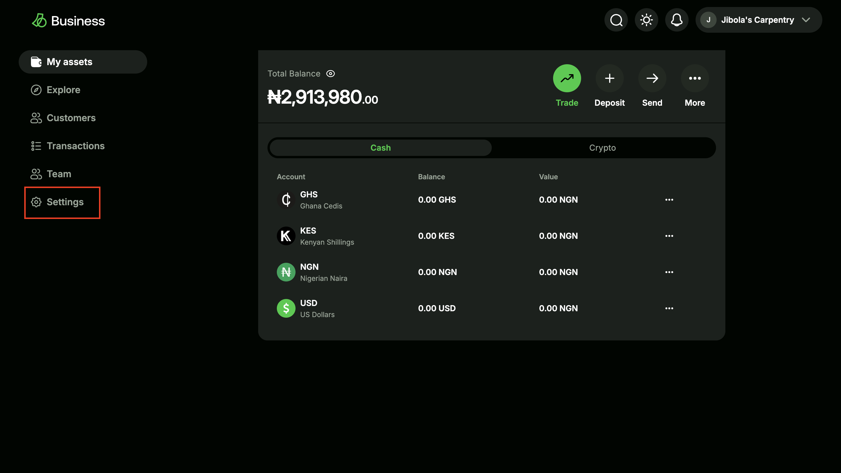 Dashboard with settings in focus