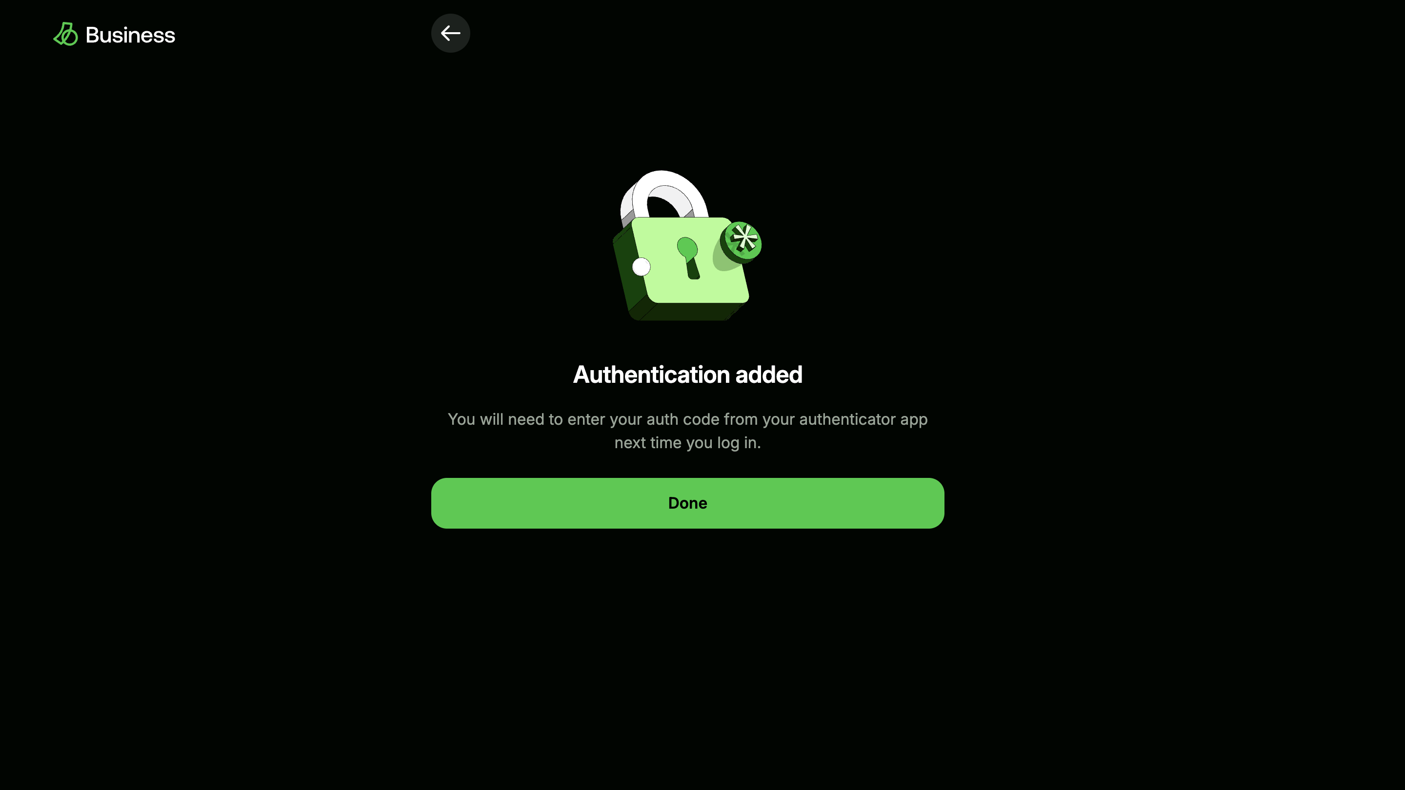 Security page with a success toast: 2FA successfully enabled