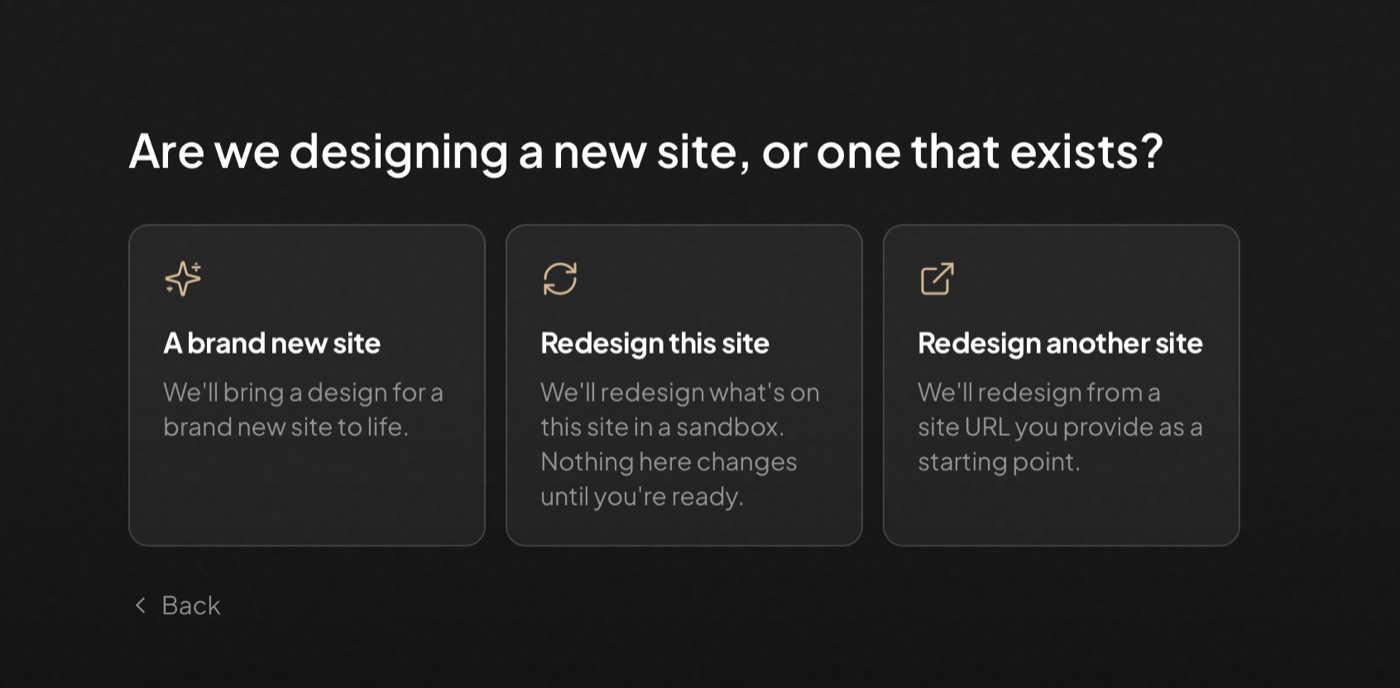 Miles asking whether to design a brand new site, redesign this site, or redesign another site.