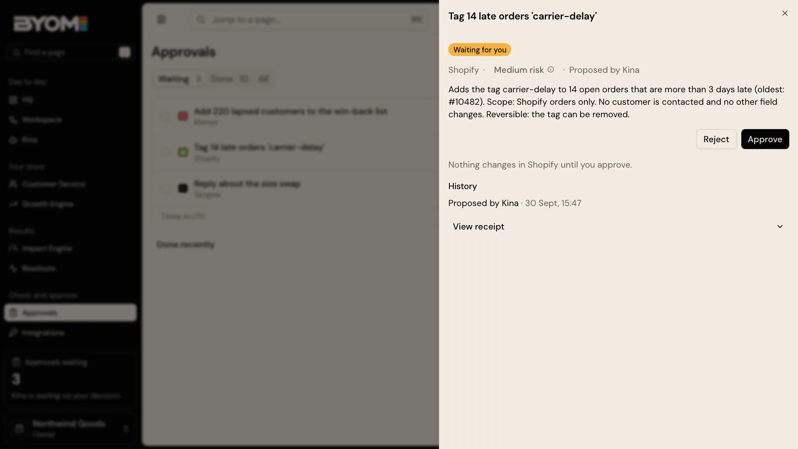 Demo Action review showing the proposed change and decision controls