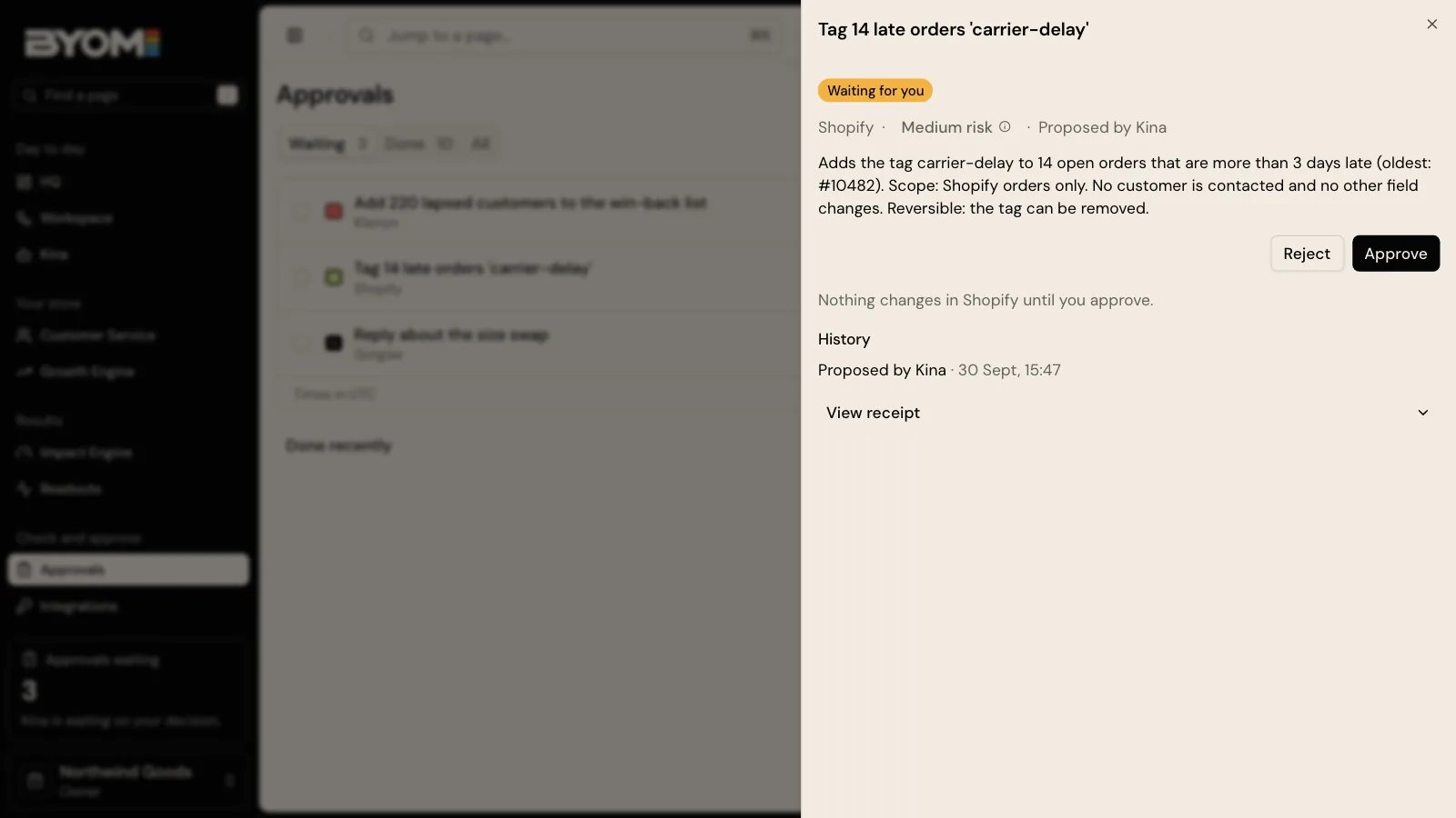Demo Action review showing the proposed change and decision controls
