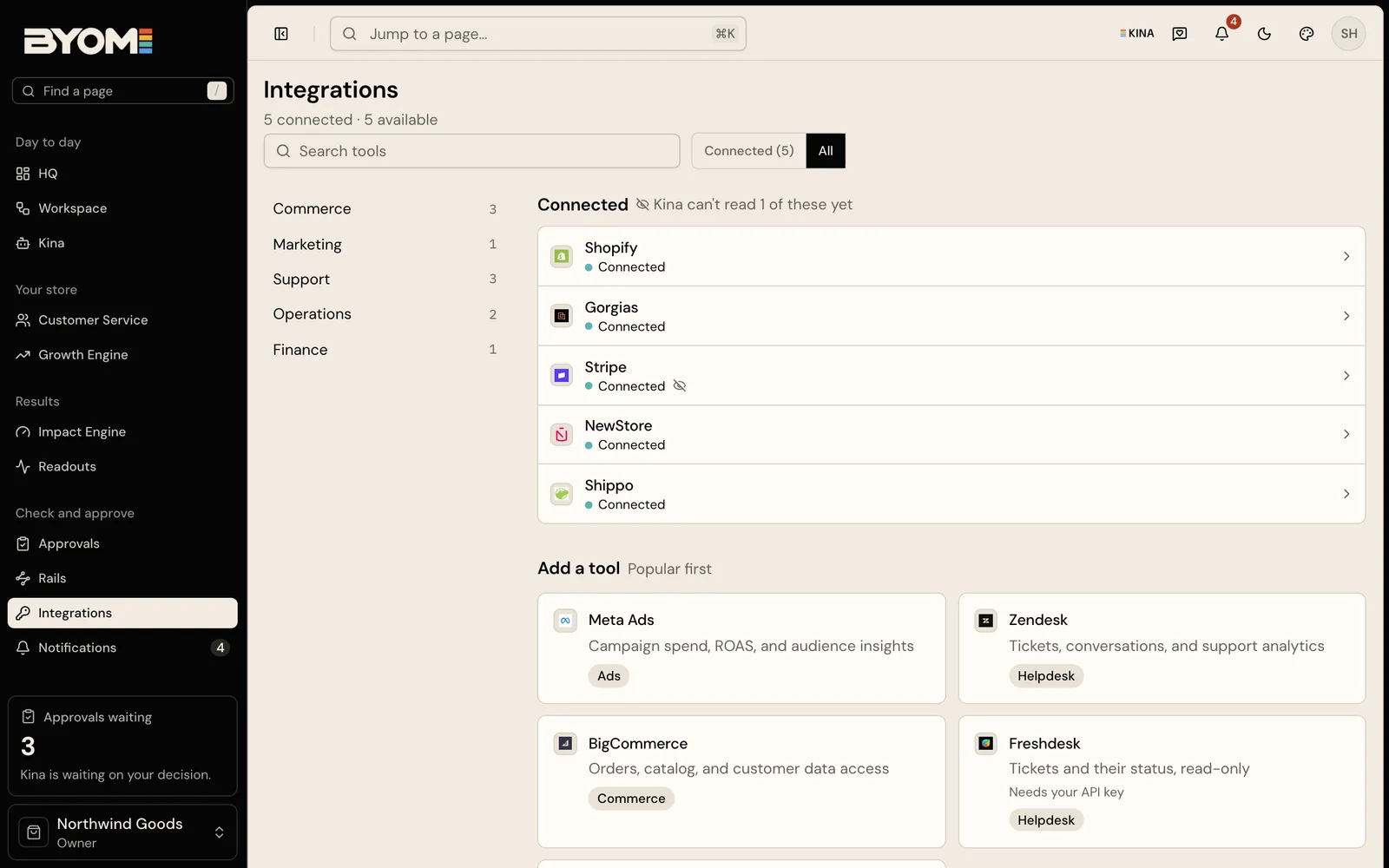 Demo Integrations gallery showing connected-service cards and their status