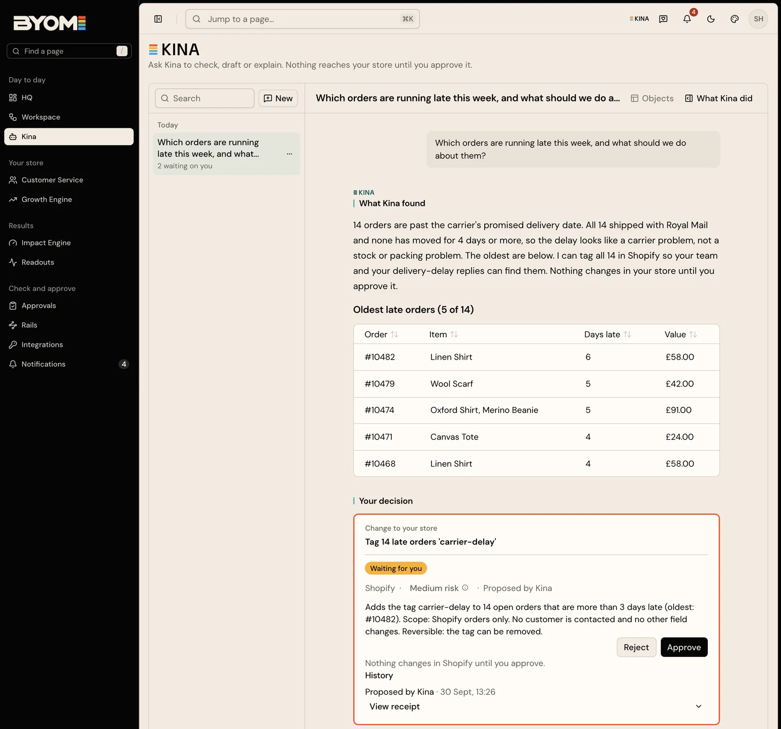 Demo Kina conversation showing the operator workspace and prepared work