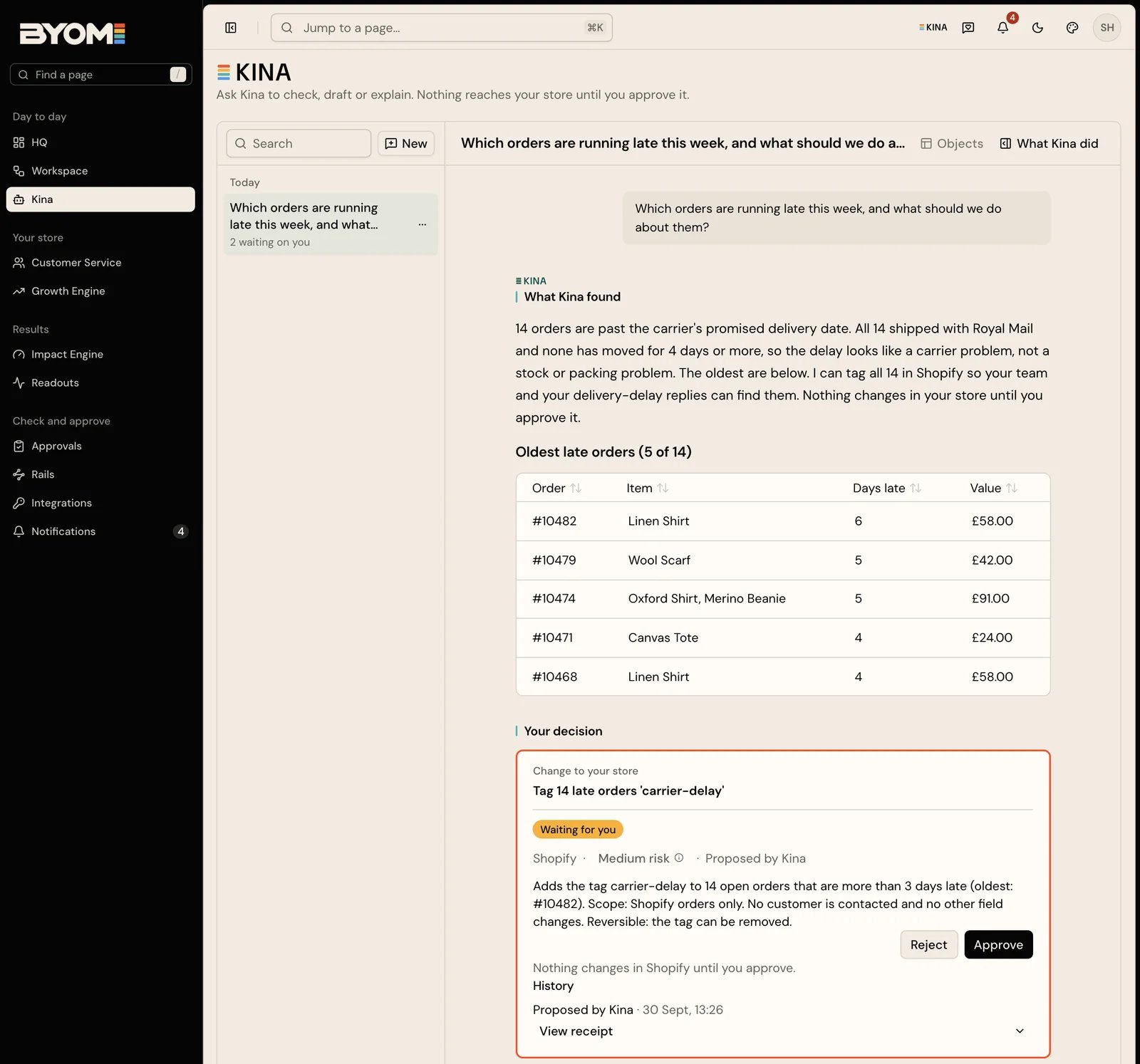 Demo Kina conversation showing the operator workspace and prepared work