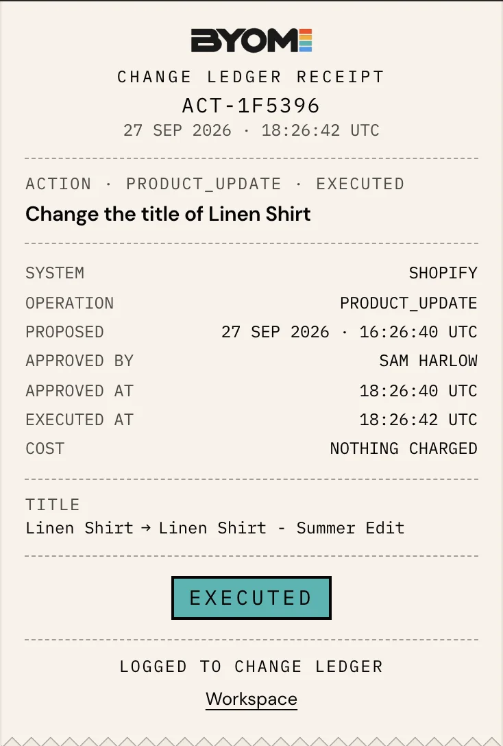 Demo receipt showing the recorded result of a product-title change
