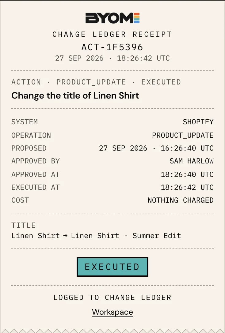 Demo receipt showing the recorded result of a product-title change