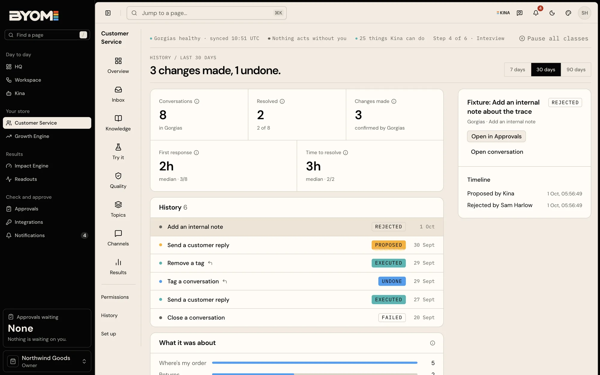Demo Customer Service history showing recorded work and its results