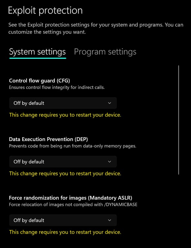 Exploit protection set to off by default