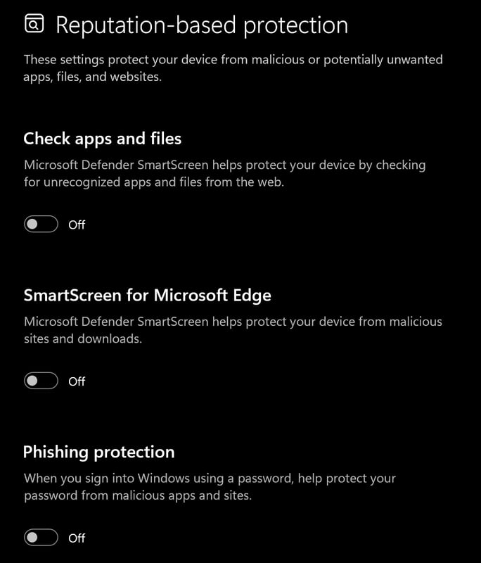 Reputation-based protection turned off