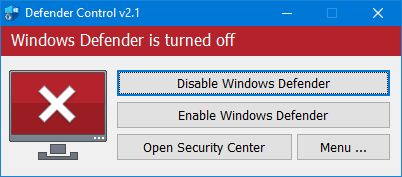 DControl — Disable Windows Defender