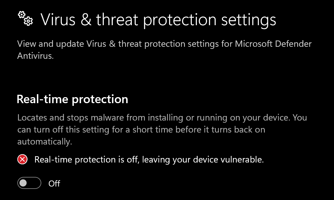 Virus & threat protection real-time protection turned off