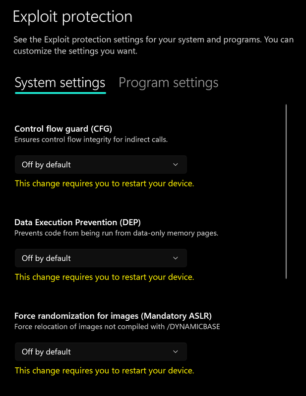 Exploit protection settings
