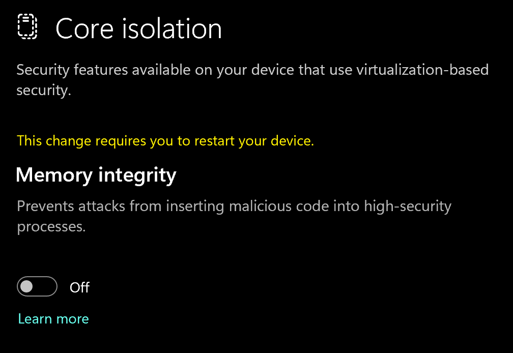 Memory integrity settings