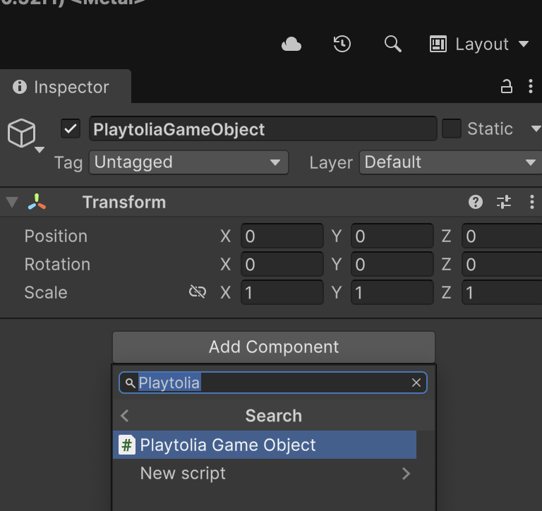 Adding the PlaytoliaGameObject script component in the Inspector