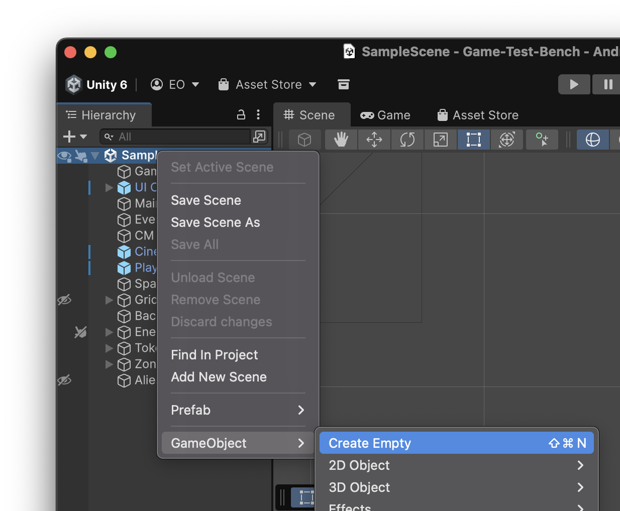 Creating an empty GameObject in the Unity Hierarchy