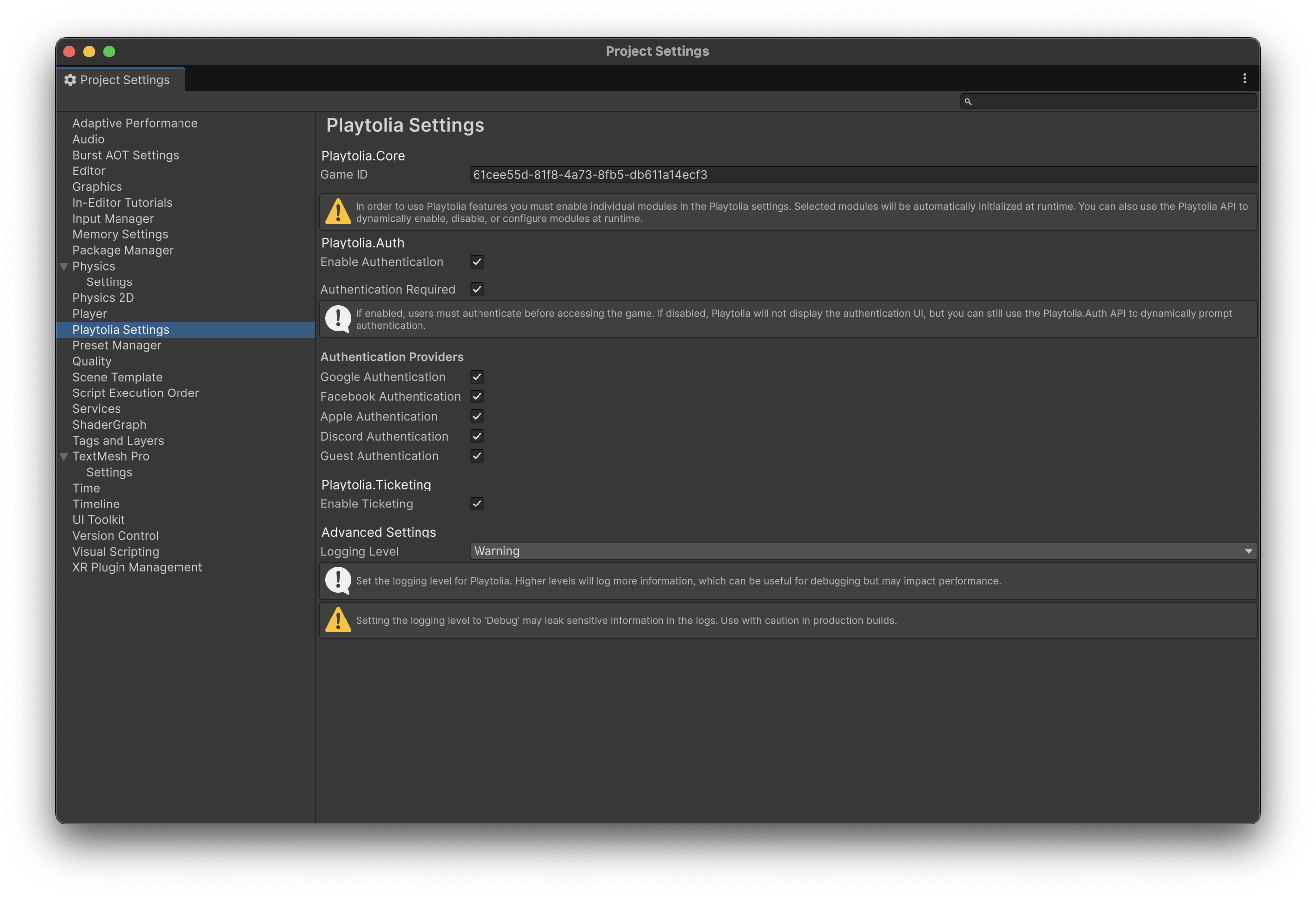The Playtolia Settings panel in Unity Project Settings