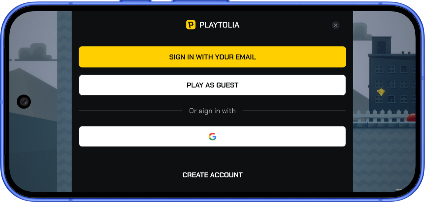 The Playtolia login prompt shown as a bottom sheet over a game