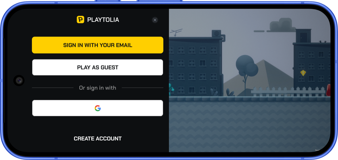 The Playtolia login prompt shown as a left side panel over a game