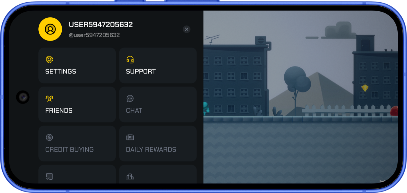 The Playtolia overlay menu shown as a left side panel, tiles laid out in two columns