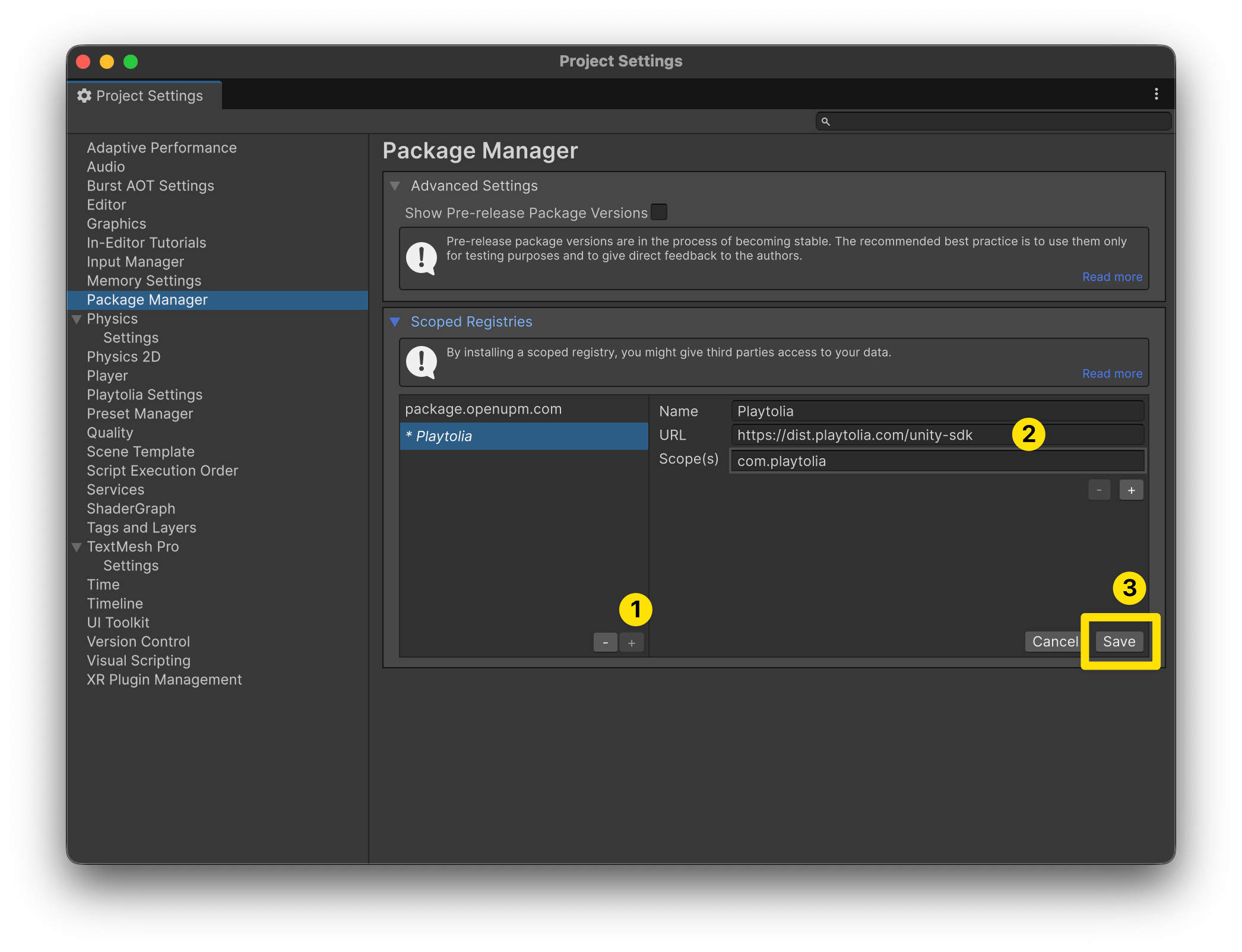 Adding the Playtolia scoped registry under Project Settings ▸ Package Manager ▸ Scoped Registries