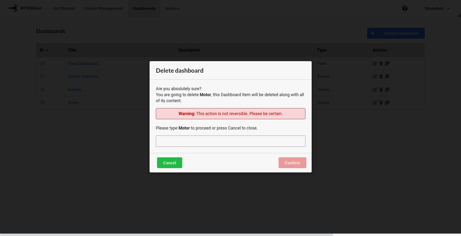 Deleting a Dashboard - Bytebeam Docs