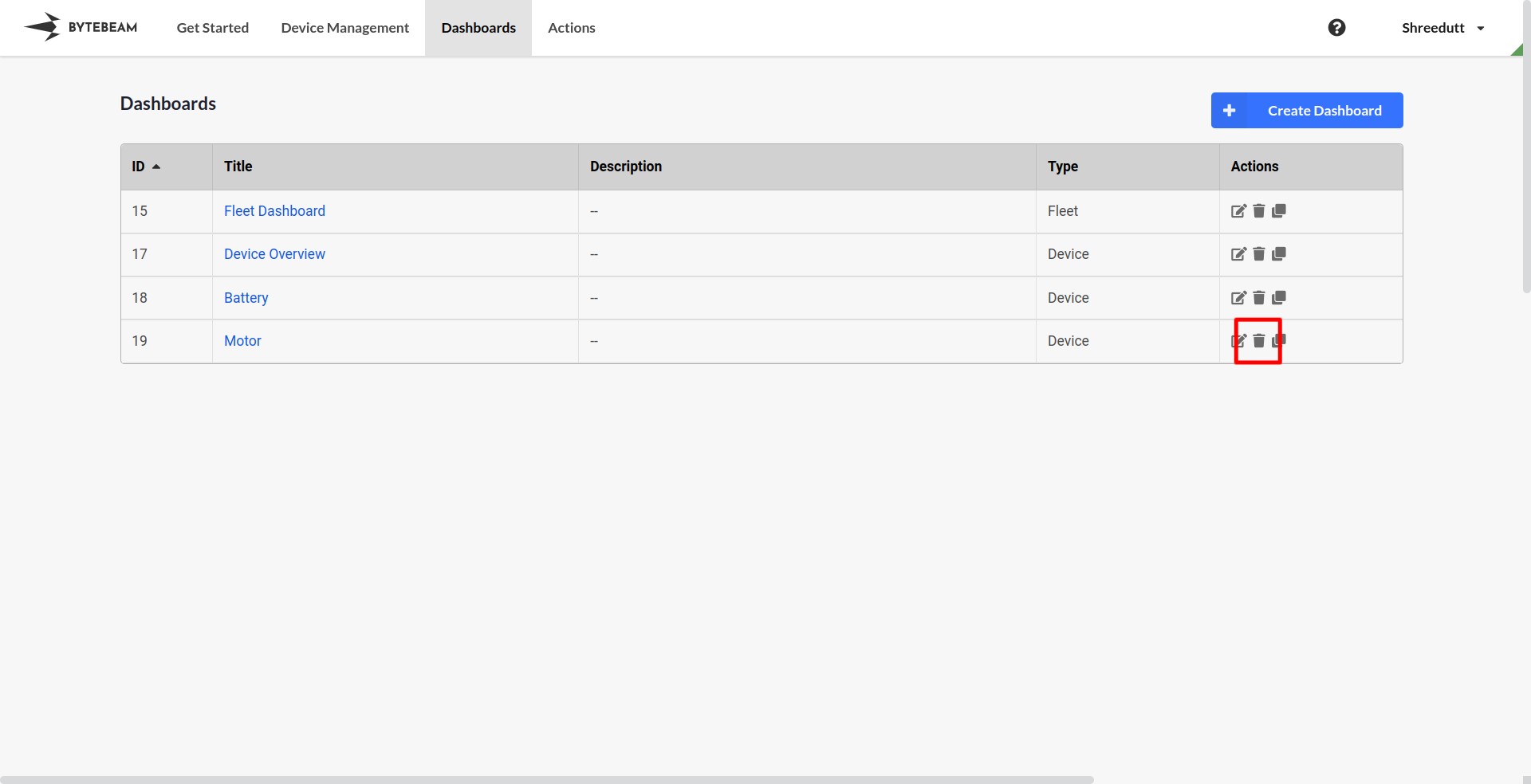 Deleting a Dashboard - Bytebeam Docs