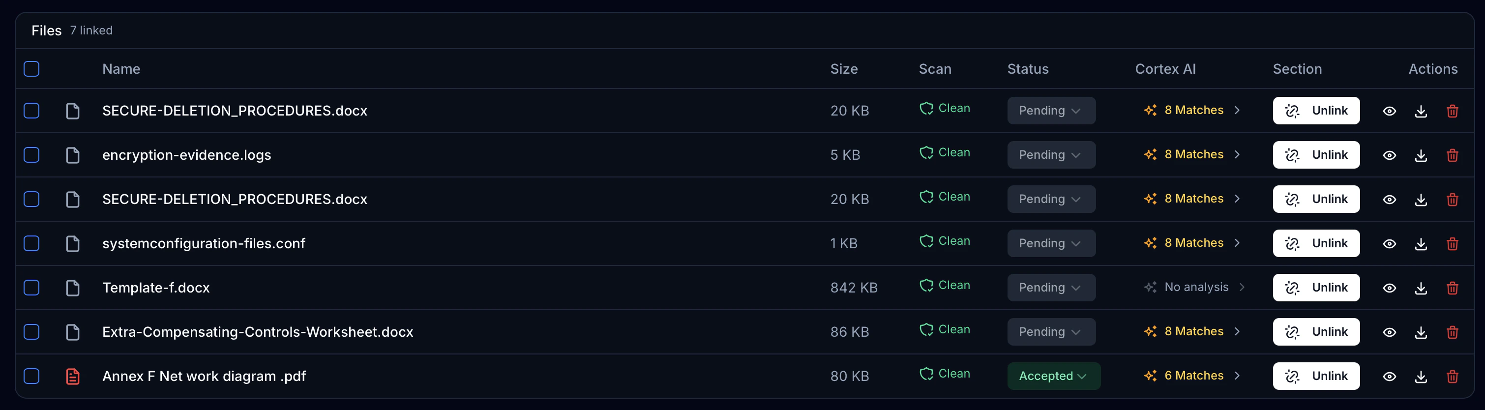 Screenshot of Attachments Table