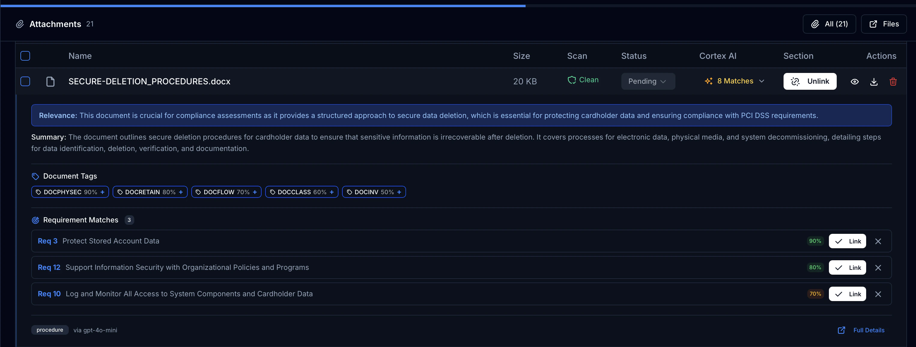 Screenshot of Cortex AI Requirement Matches