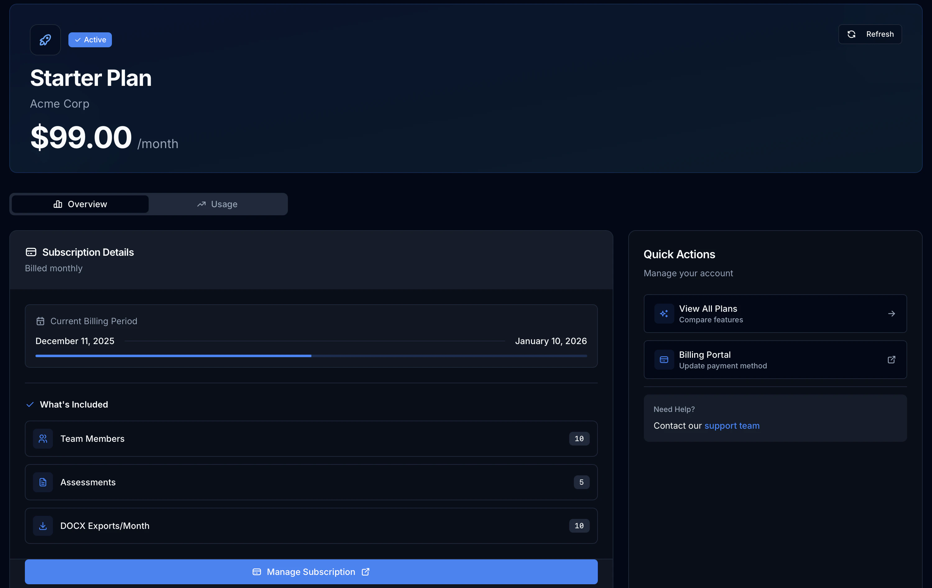 Screenshot of Billing Dashboard