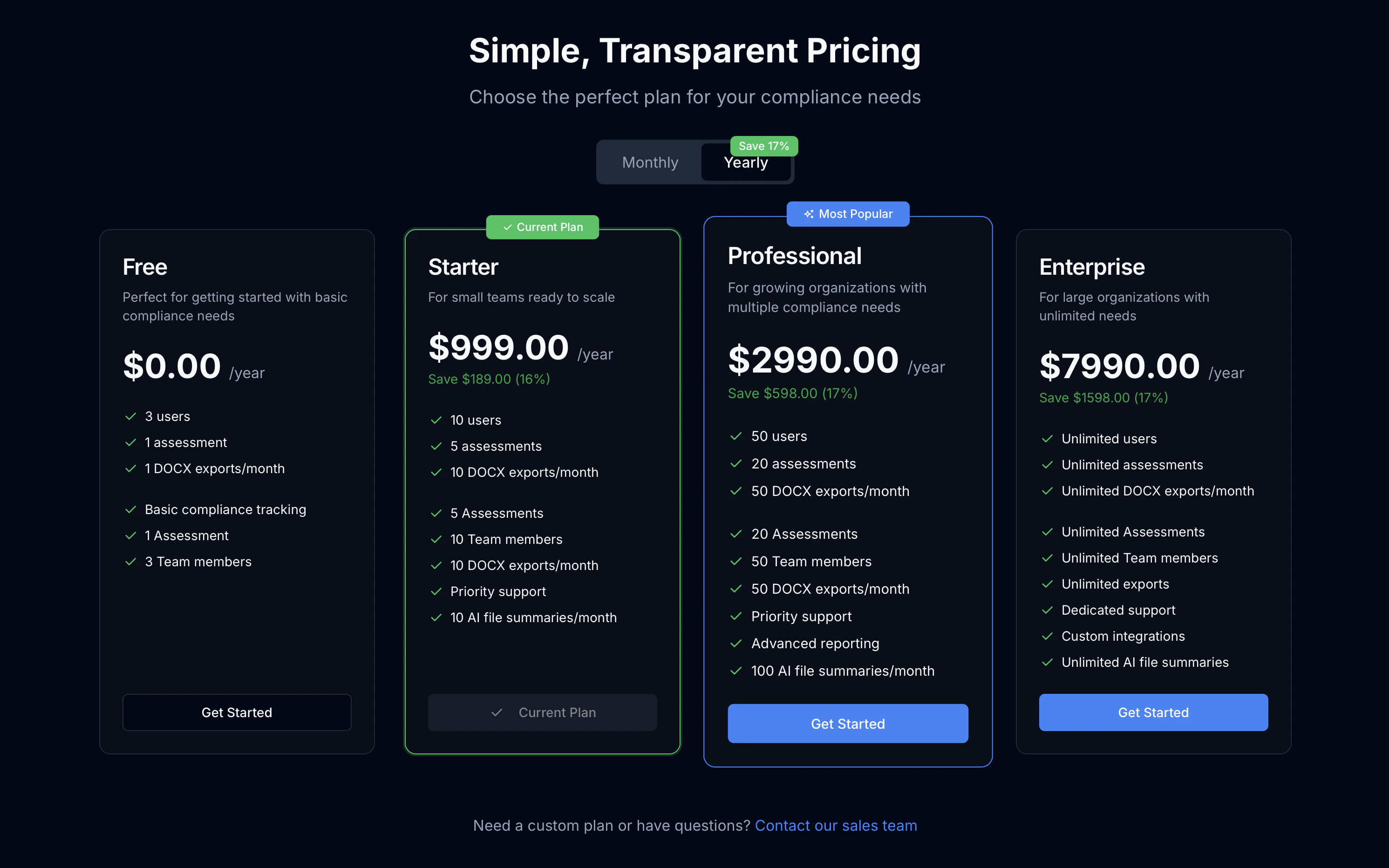 Screenshot of Plan Selection