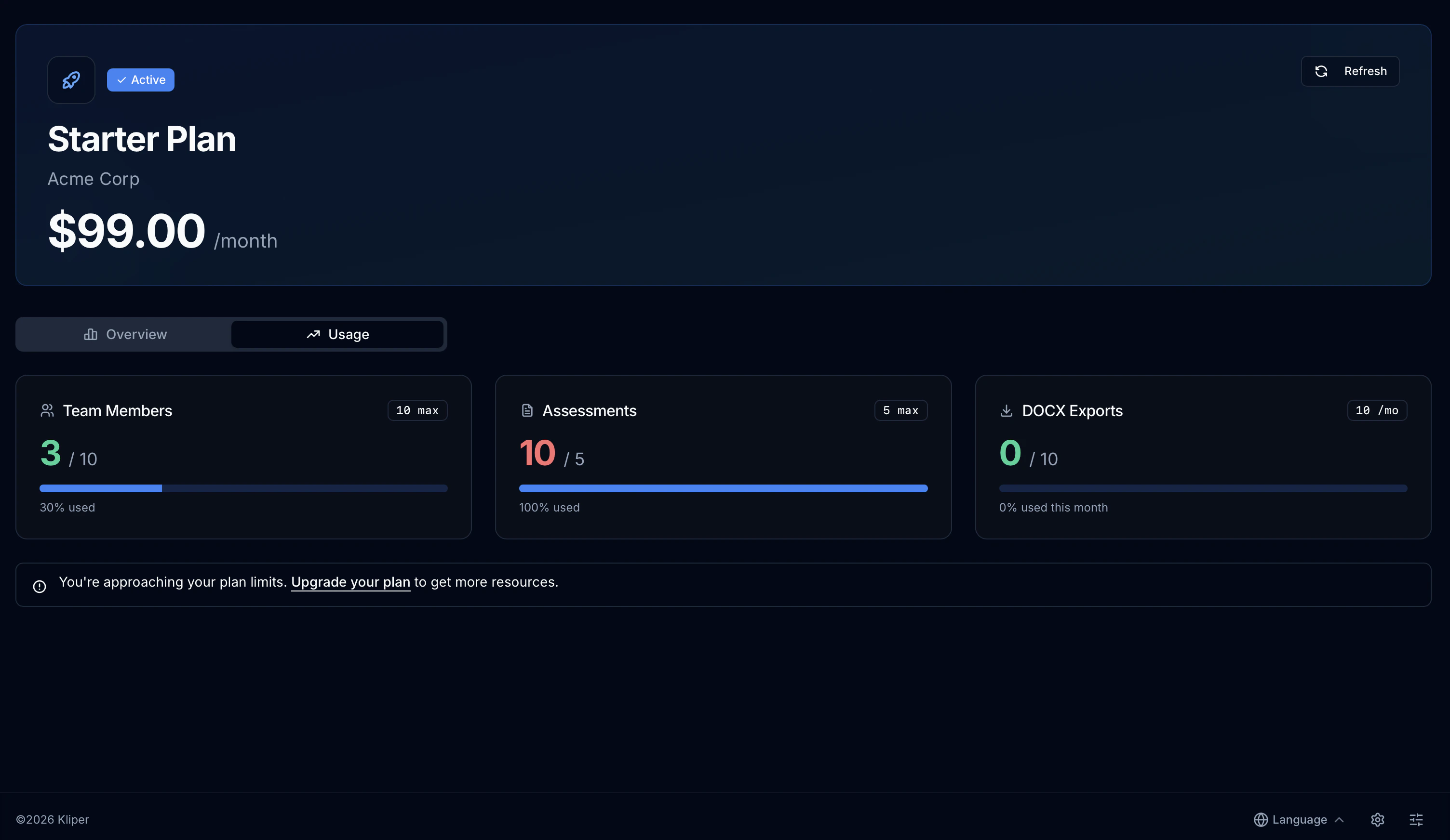 Screenshot of Usage Tracking Cards