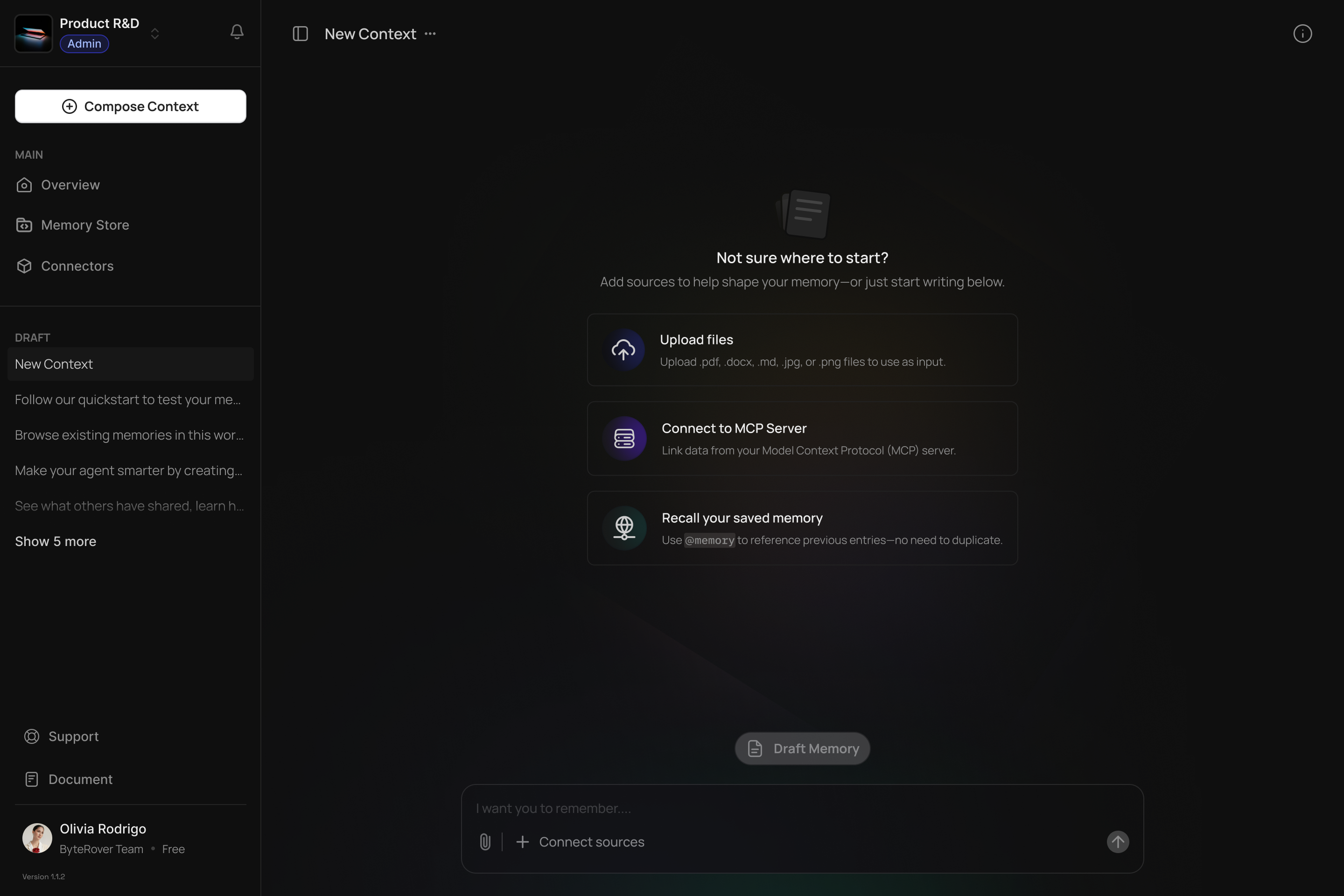 ByteRover Context Composer - AI-powered context generation interface with file upload, MCP connections, and conversational processing