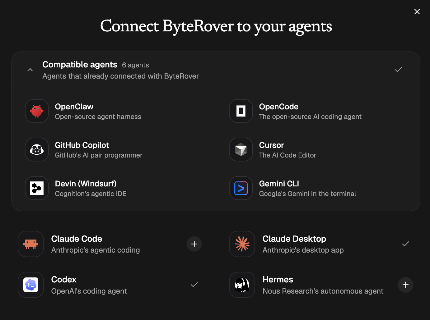 Connect ByteRover to supported coding agents