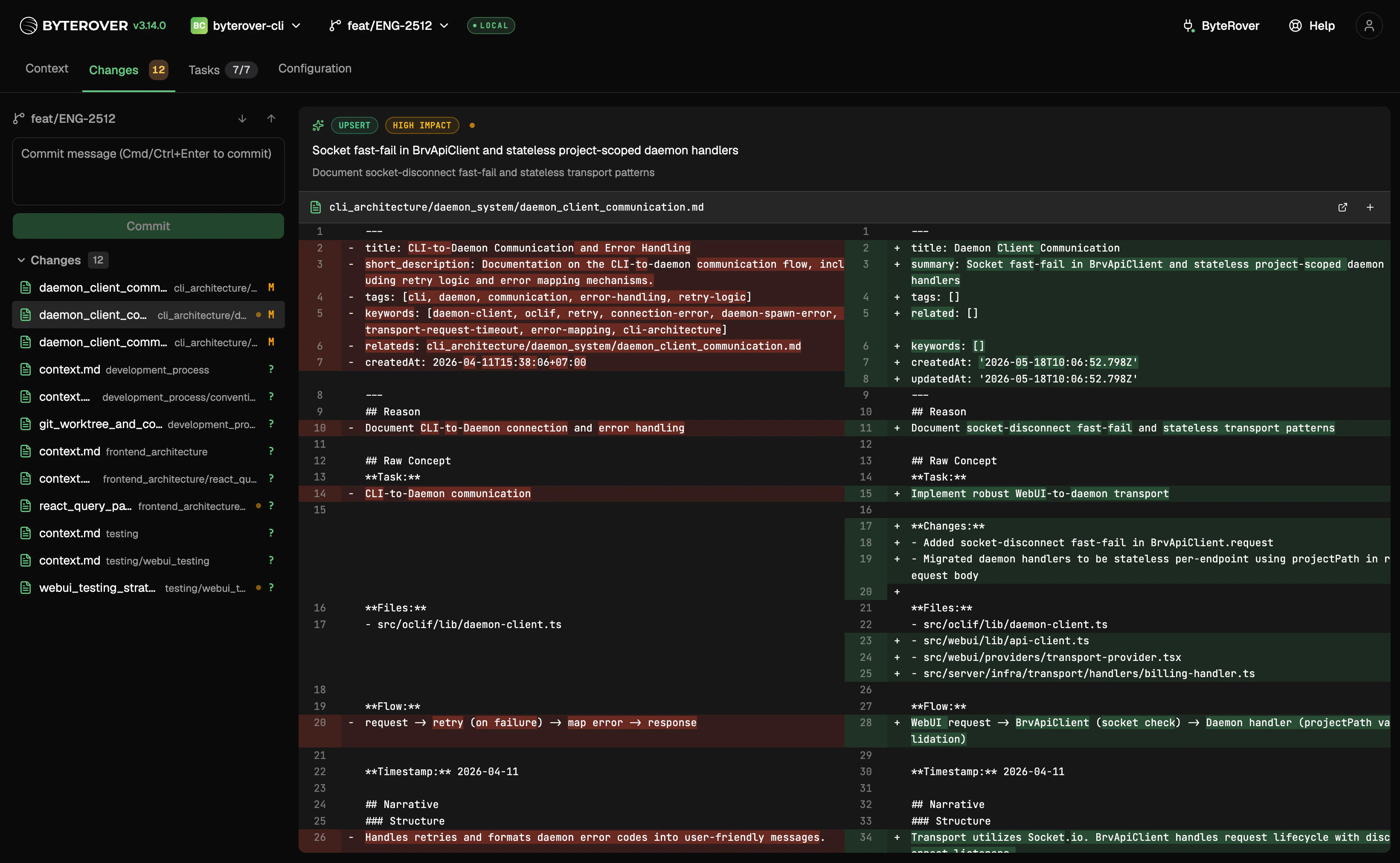Pending agent edits inline in the Changes tab