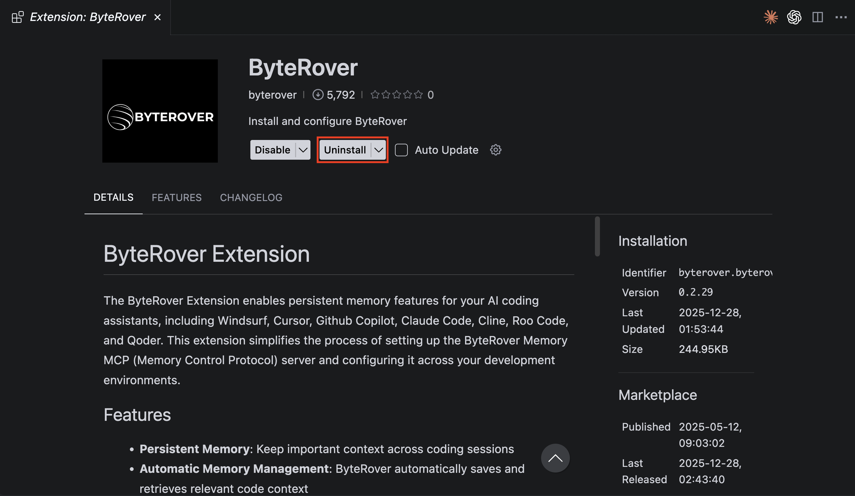Uninstall ByteRover Extension