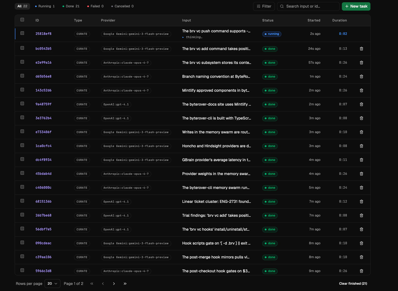 Task history table showing curate and query tasks with their providers, status, and duration