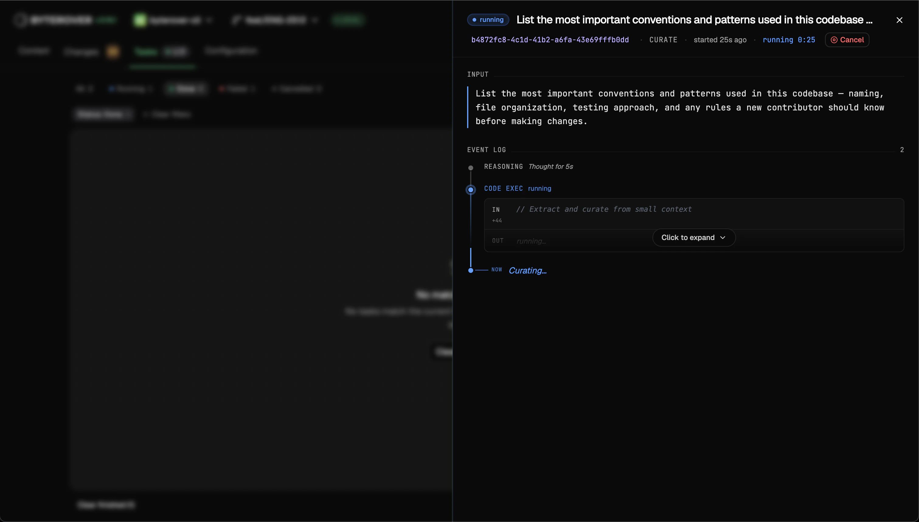 Tasks tab with a running task and its event log