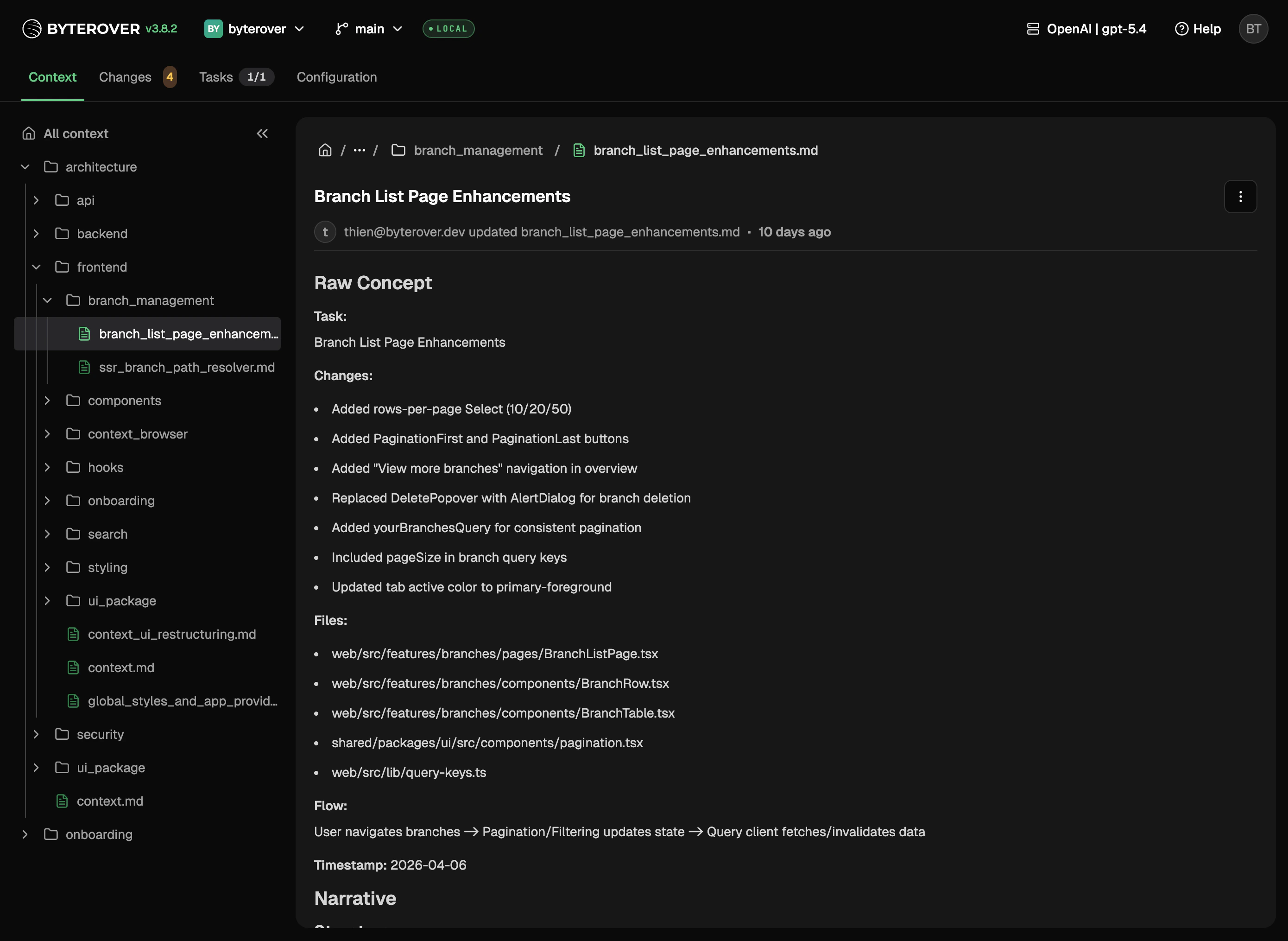 Contexts tab with the context tree and a rendered markdown file